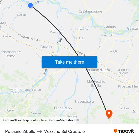 Polesine Zibello to Vezzano Sul Crostolo map