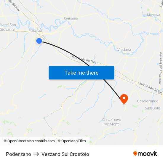 Podenzano to Vezzano Sul Crostolo map