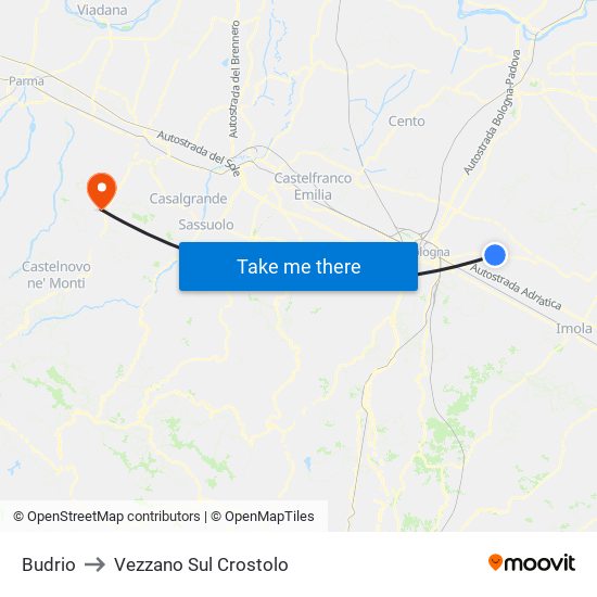 Budrio to Vezzano Sul Crostolo map