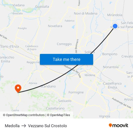 Medolla to Vezzano Sul Crostolo map