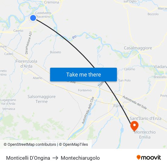 Monticelli D'Ongina to Montechiarugolo map