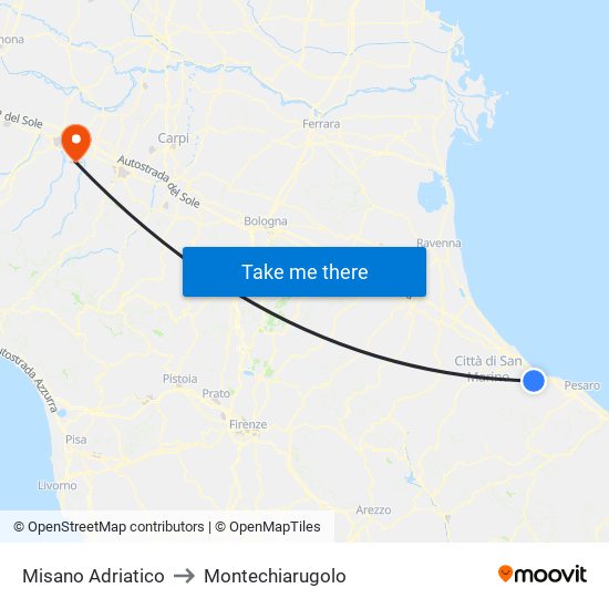 Misano Adriatico to Montechiarugolo map