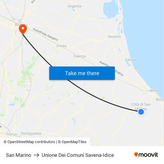 San Marino to Unione Dei Comuni Savena-Idice map