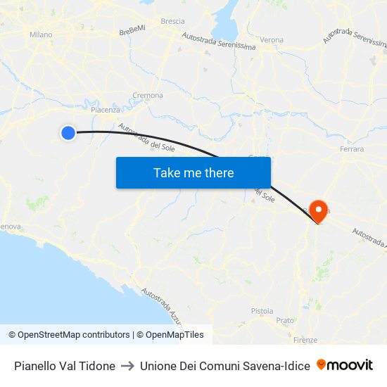 Pianello Val Tidone to Unione Dei Comuni Savena-Idice map