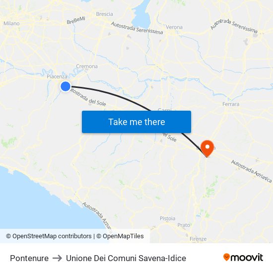Pontenure to Unione Dei Comuni Savena-Idice map