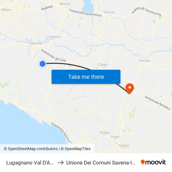 Lugagnano Val D'Arda to Unione Dei Comuni Savena-Idice map