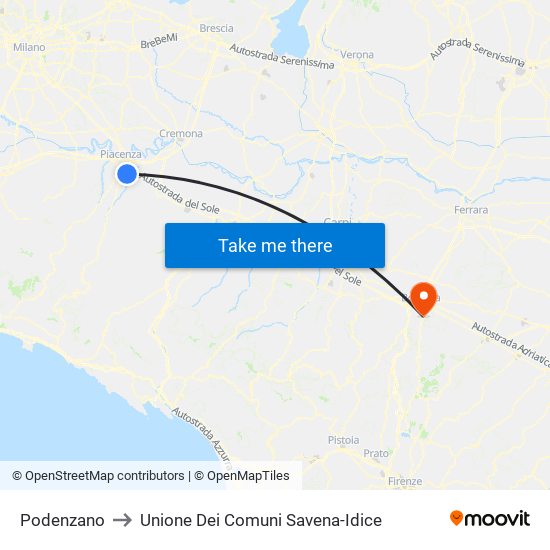 Podenzano to Unione Dei Comuni Savena-Idice map