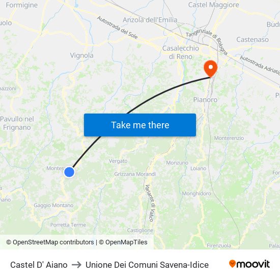 Castel D' Aiano to Unione Dei Comuni Savena-Idice map