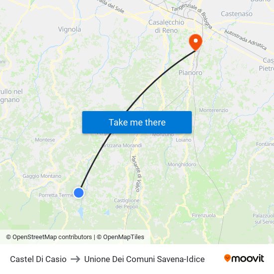 Castel Di Casio to Unione Dei Comuni Savena-Idice map