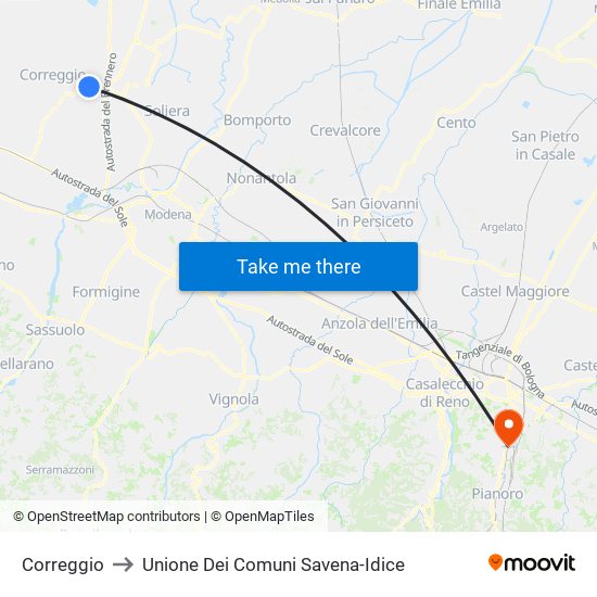 Correggio to Unione Dei Comuni Savena-Idice map