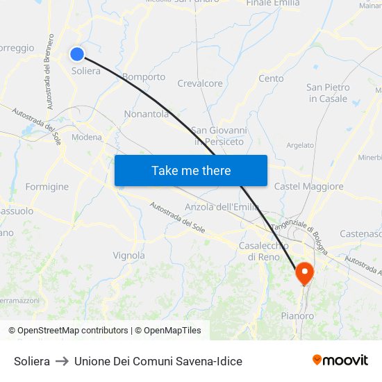 Soliera to Unione Dei Comuni Savena-Idice map