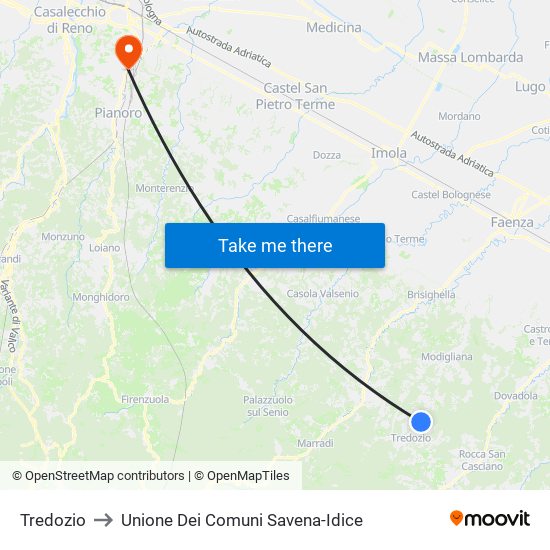 Tredozio to Unione Dei Comuni Savena-Idice map