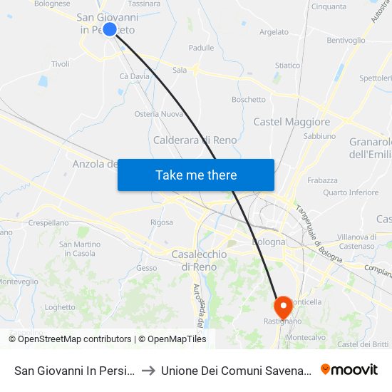 San Giovanni In Persiceto to Unione Dei Comuni Savena-Idice map