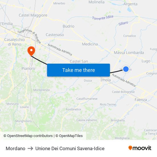Mordano to Unione Dei Comuni Savena-Idice map