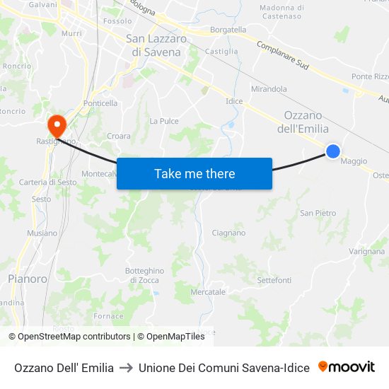 Ozzano Dell' Emilia to Unione Dei Comuni Savena-Idice map