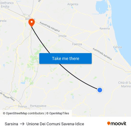 Sarsina to Unione Dei Comuni Savena-Idice map