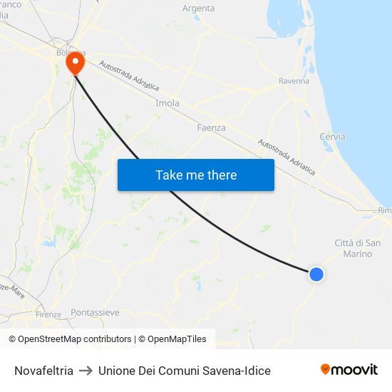 Novafeltria to Unione Dei Comuni Savena-Idice map