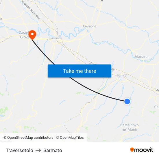 Traversetolo to Sarmato map