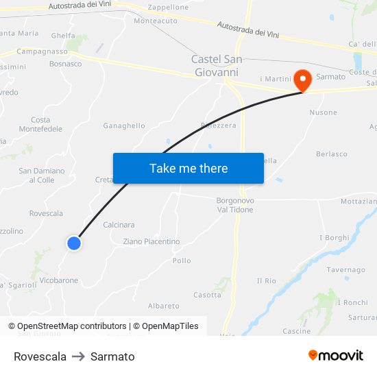 Rovescala to Sarmato map