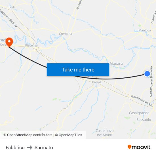 Fabbrico to Sarmato map