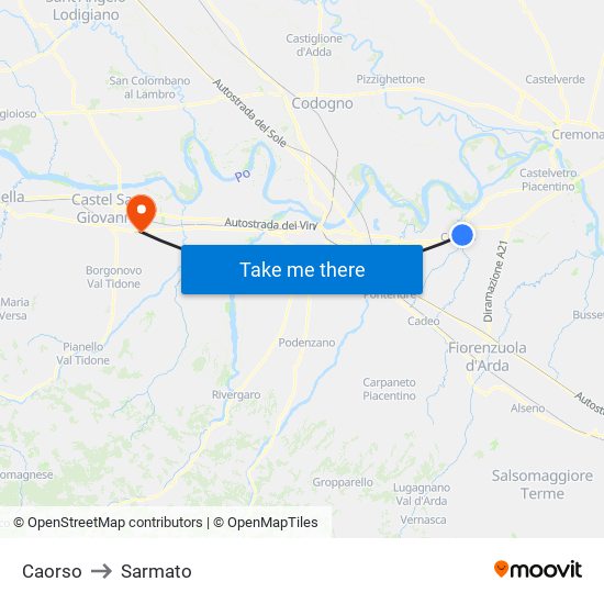 Caorso to Sarmato map