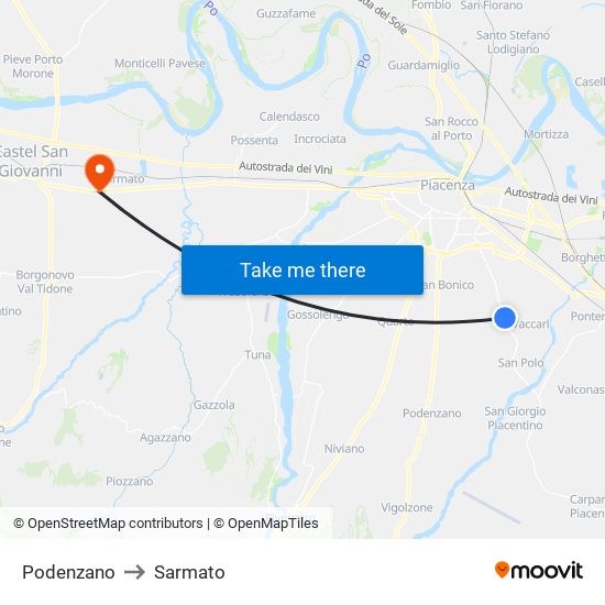 Podenzano to Sarmato map