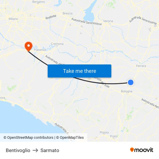 Bentivoglio to Sarmato map