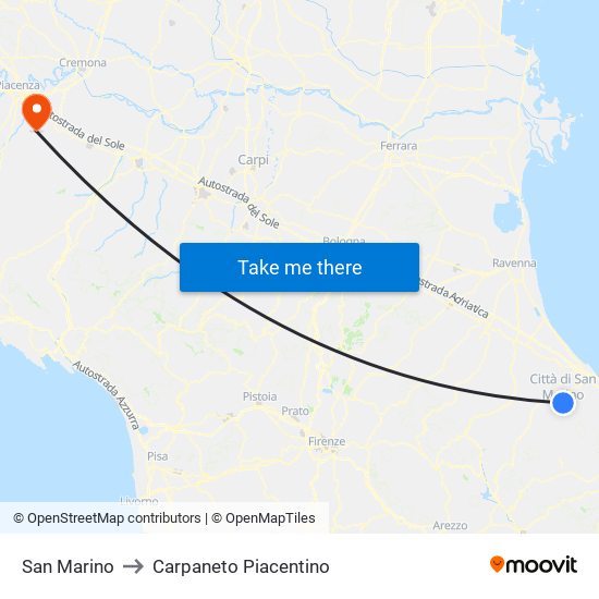 San Marino to Carpaneto Piacentino map