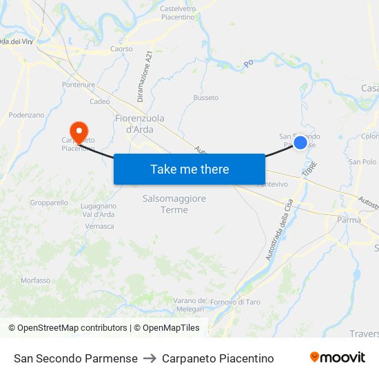 San Secondo Parmense to Carpaneto Piacentino map