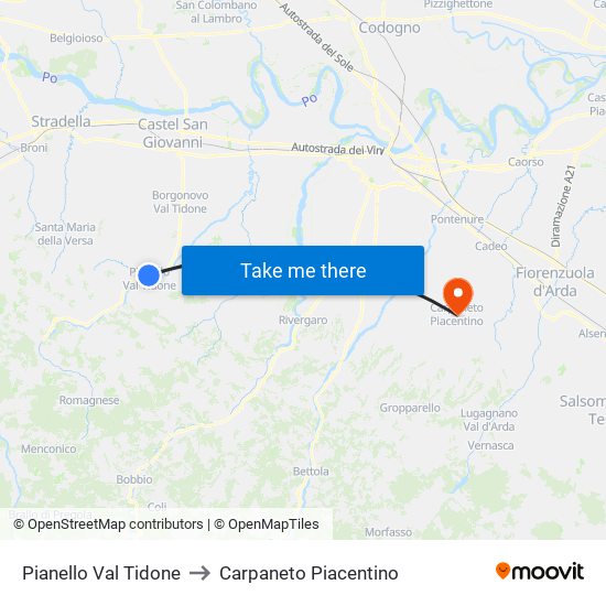 Pianello Val Tidone to Carpaneto Piacentino map