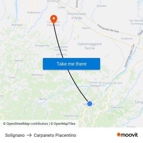 Solignano to Carpaneto Piacentino map