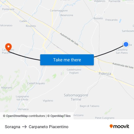 Soragna to Carpaneto Piacentino map