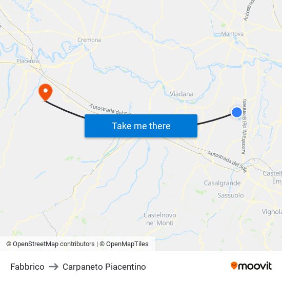 Fabbrico to Carpaneto Piacentino map