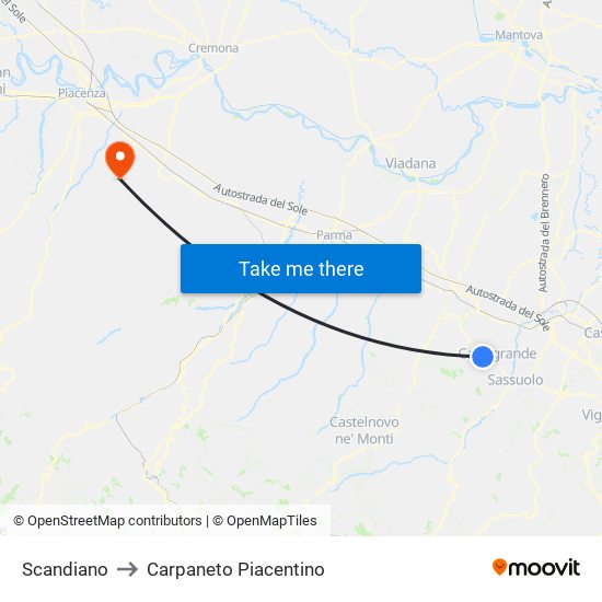 Scandiano to Carpaneto Piacentino map