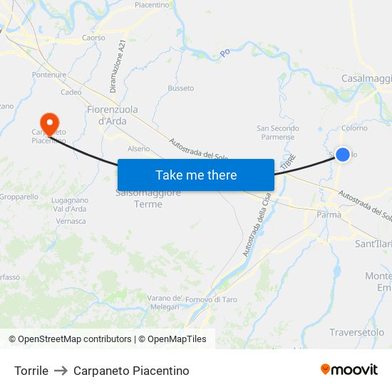 Torrile to Carpaneto Piacentino map
