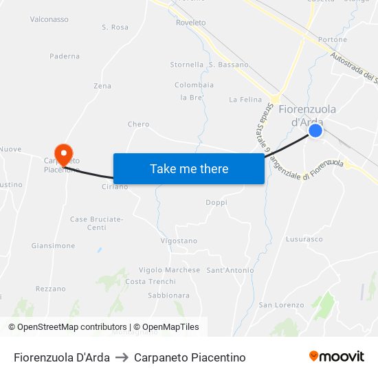 Fiorenzuola D'Arda to Carpaneto Piacentino map
