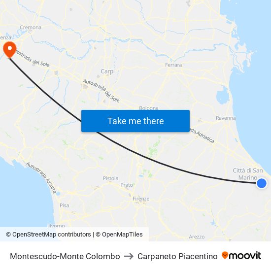 Montescudo-Monte Colombo to Carpaneto Piacentino map