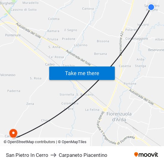 San Pietro In Cerro to Carpaneto Piacentino map