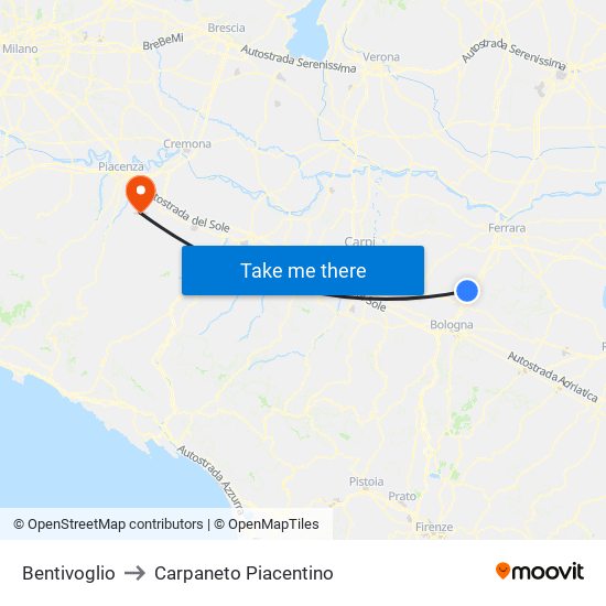 Bentivoglio to Carpaneto Piacentino map
