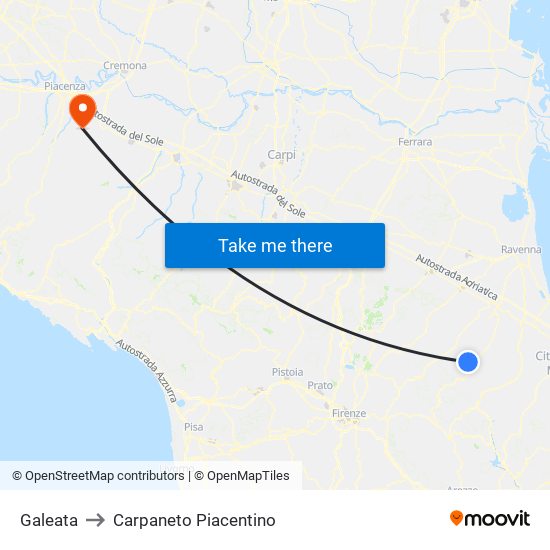 Galeata to Carpaneto Piacentino map