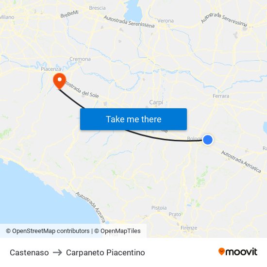 Castenaso to Carpaneto Piacentino map