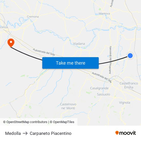 Medolla to Carpaneto Piacentino map