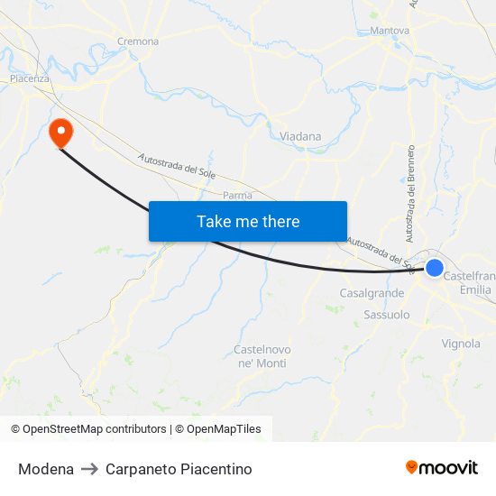 Modena to Carpaneto Piacentino map