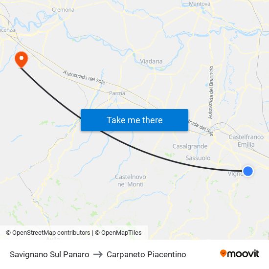 Savignano Sul Panaro to Carpaneto Piacentino map