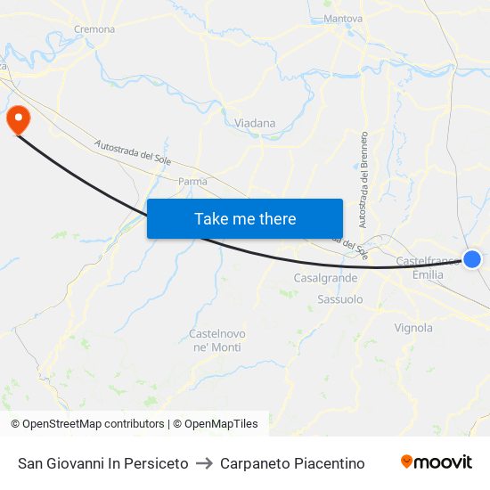 San Giovanni In Persiceto to Carpaneto Piacentino map