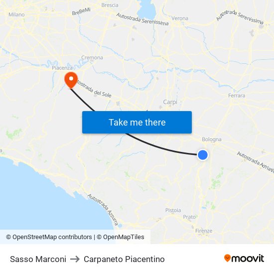 Sasso Marconi to Carpaneto Piacentino map