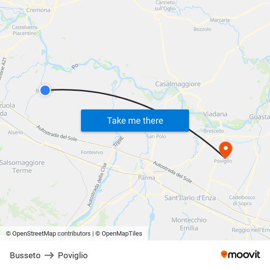 Busseto to Poviglio map