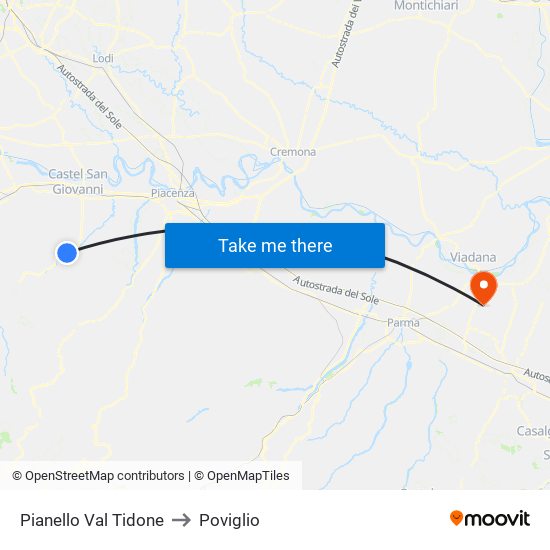 Pianello Val Tidone to Poviglio map
