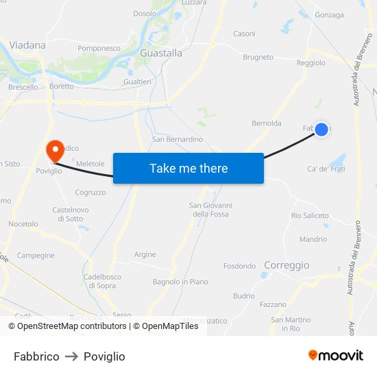Fabbrico to Poviglio map
