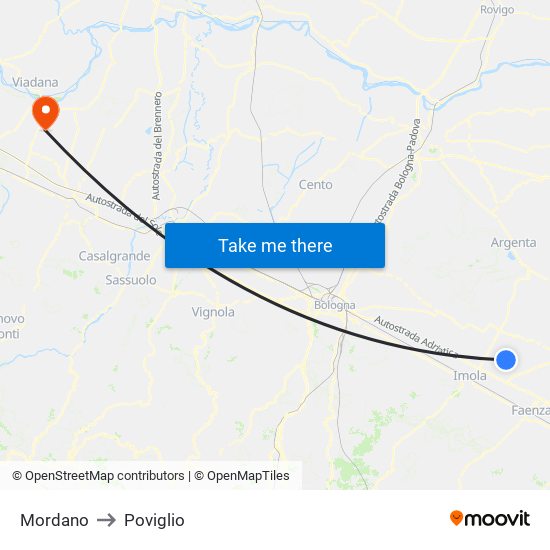 Mordano to Poviglio map